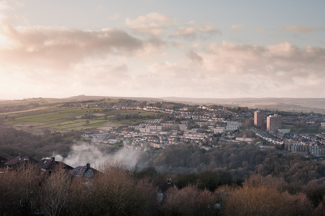 View towards Stannington in the soft pinkish glow of sunset.